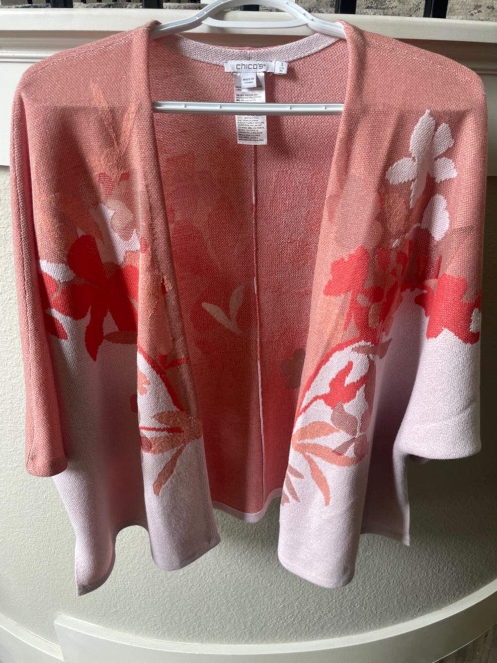 Chico's Coral and Light Pink Floral Open-Front Cardigan